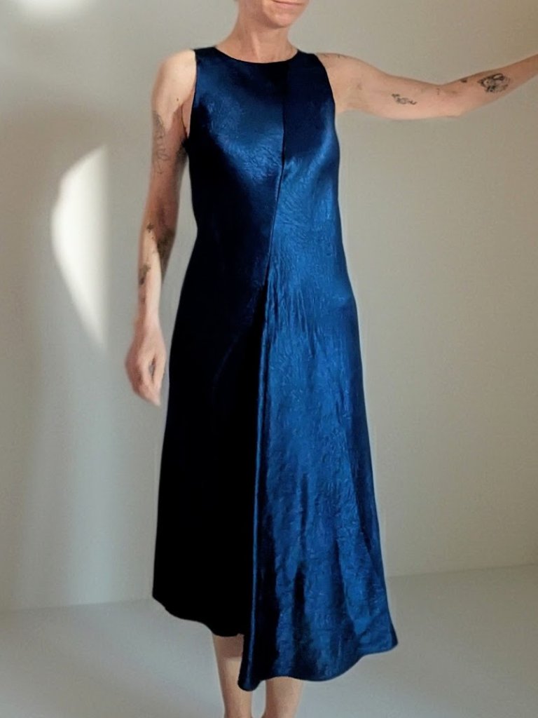 Vince Nwt Crushed Satin Bias Cut Midi Slip Dress Xs Ink Blue Msrp $295